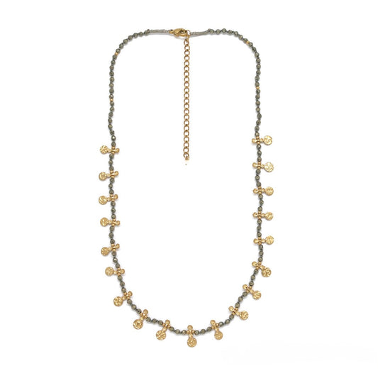 Mini Gold Hammered Charm Pyrite Short Necklace - N2-2722P