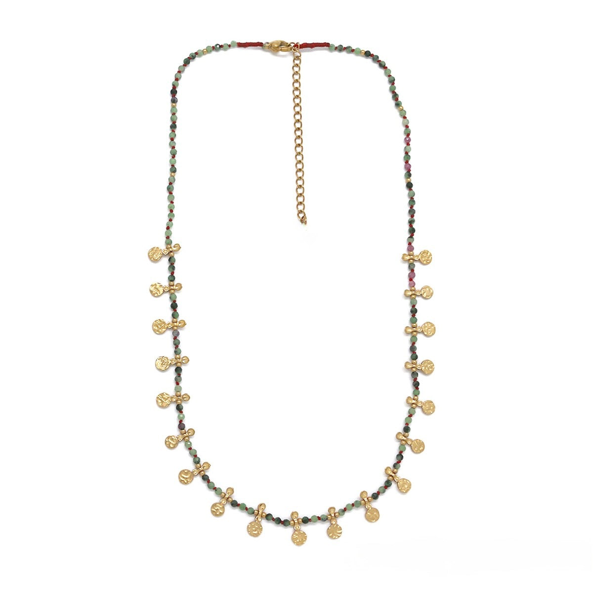Mini Gold Hammered Charm Ruby Zoisite Short Necklace - N2-2722RZ