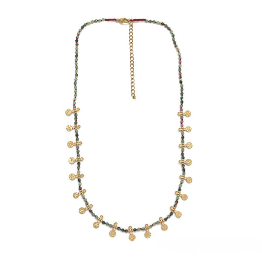 Mini Gold Hammered Charm Ruby Zoisite Short Necklace - N2-2722RZ