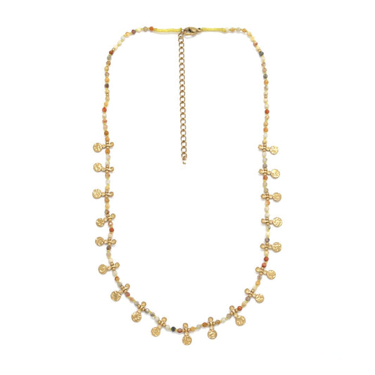 Mini Gold Hammered Charm Crazy Agate Short Necklace - N2-2722CA