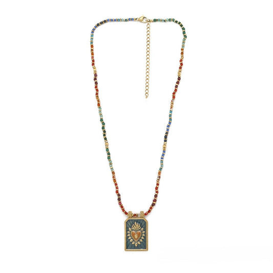 Flaming Heart Semi Precious Stone Beaded Necklace - N2-2715D
