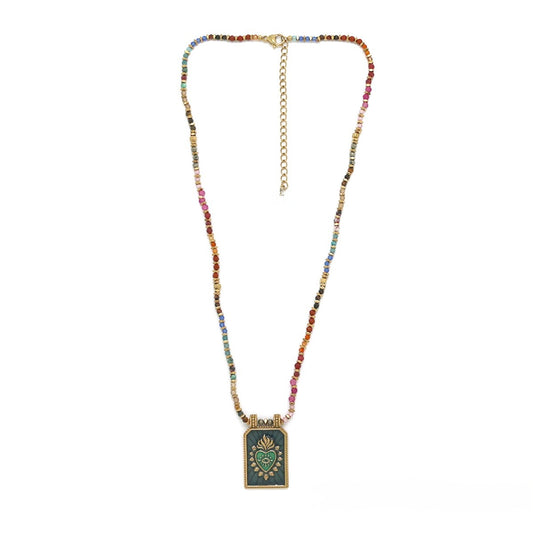 Flaming Heart Evil Eye Semi Precious Stone Beaded Necklace - N2-2716D