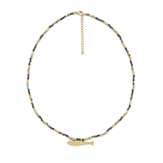 Blue Mixed Stone Gold Fish Pendant Necklace - N2-2745B