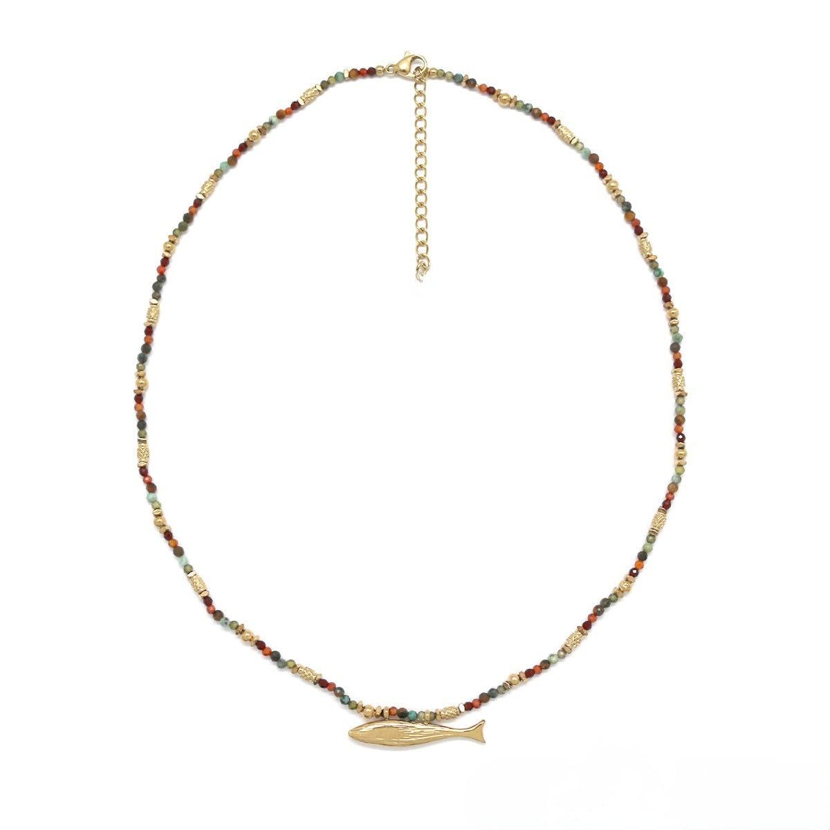 Red Mixed Stone Gold Fish Pendant Necklace - N2-2745A