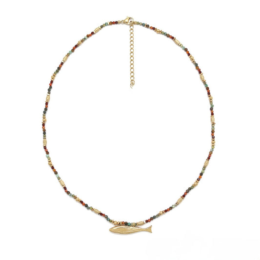 Red Mixed Stone Gold Fish Pendant Necklace - N2-2745A