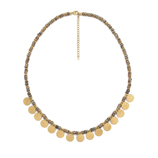 Gold Charm Brown Glass Beaded Short Necklace - N2-2724B
