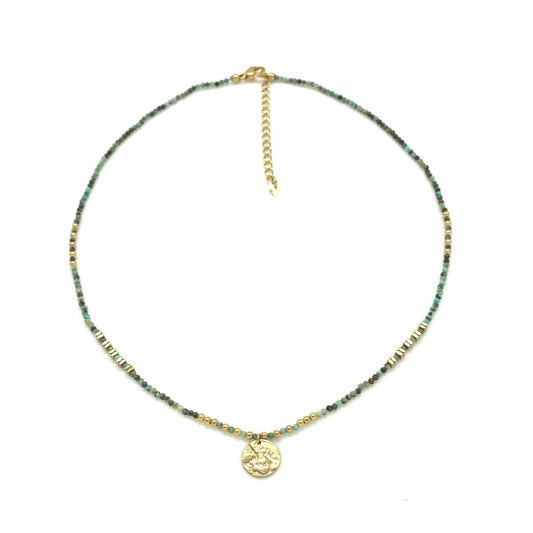 African Turquoise Gold Charm Beaded Necklace - N2-2754