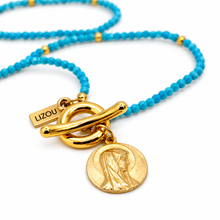 Load image into Gallery viewer, Faceted Mini Turquoise Long Delicate French Religious Medal Necklace  - FMN18
