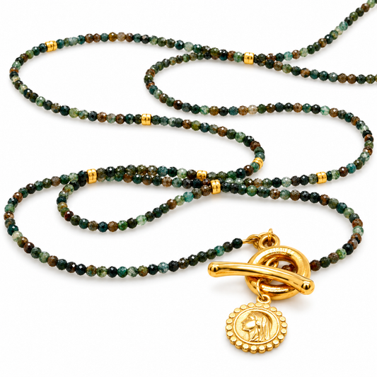 Faceted Mini African Turquoise Long Delicate French Religious Medal Necklace - FMN23