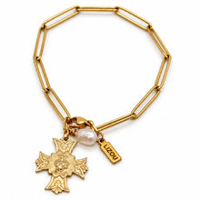 Load image into Gallery viewer, Gold Chain Bracelet Cross and Pearl French Religious Medal - FMB08
