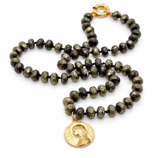 Faceted Pyrite Bead Hand-knotted French Religious Medal Short Necklace- FMN31