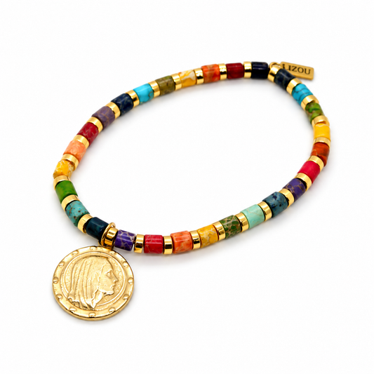 Simple Stone Stretch Bracelet with French Religious Medal - FMB01L