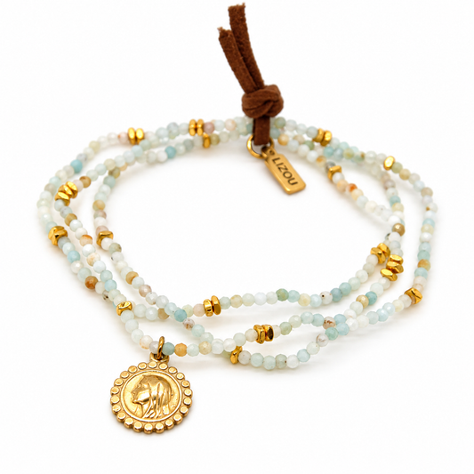Faceted Mini Amazonite Cluster Stretch French Religious Medal Bracelet - FMB05