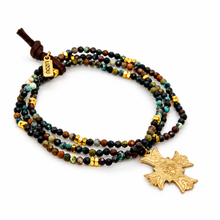 Load image into Gallery viewer, Stretch 3 Strand Mini Faceted African Turquoise Bracelet French Religious Medal- FMB16
