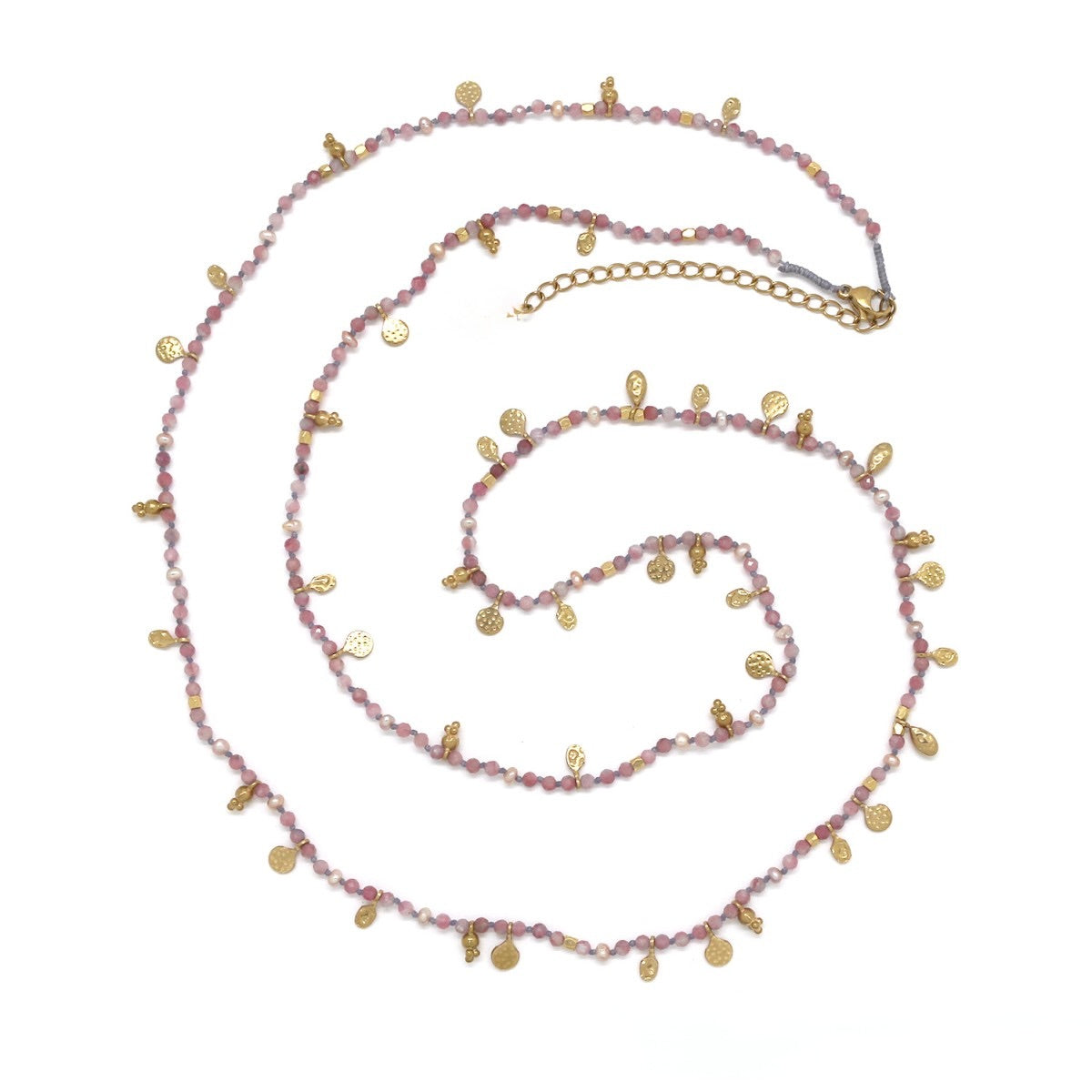 Museum Style Pink Tourmaline + Mini Pearl with 24K Gold Plate Charms - N2-2768B