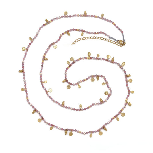 Museum Style Pink Tourmaline + Mini Pearl with 24K Gold Plate Charms - N2-2768B
