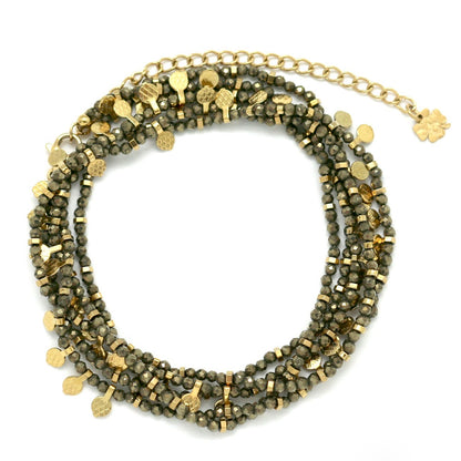 Museum Style Pyrite Stone Necklace with 24K Gold Plate Mini Charms