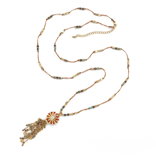 Long Daisy Enamel Fringe Necklace - N2-2736B