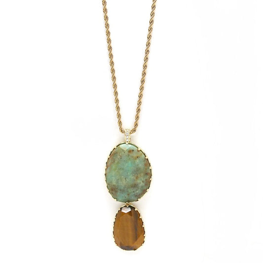 Long Double African Turquoise Tiger's Eye Luxury Pendant Necklace - N2-2739