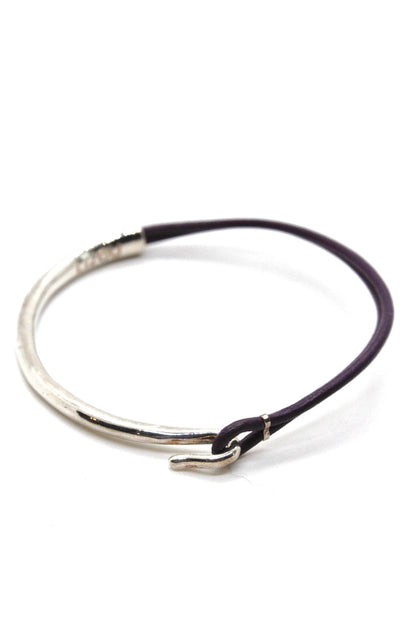 Eggplant Leather + Sterling Silver Plate Bangle Bracelet