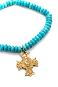 Heart and Cross French Gold Charm on Turquoise Bracelet -French Medals Collection- B6-018