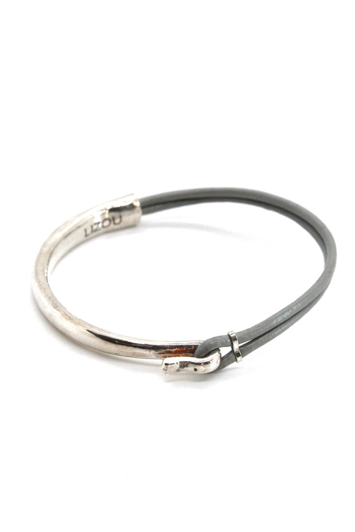 Light Grey Leather + Sterling Silver Plate Bangle Bracelet