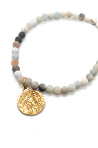 Amazonite Stone Stretch Bracelet with Gold French Religious Medal Charm -French Medals Collection- B6-008