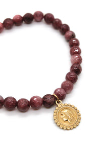 Semi Precious Stone Purple Bracelet with Gold French Charm -French Medals Collection- B6-012