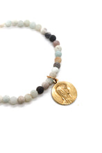 Load image into Gallery viewer, Amazonite Stone Stretch Bracelet with Gold French Religious Medal Charm -French Medals Collection- B6-008
