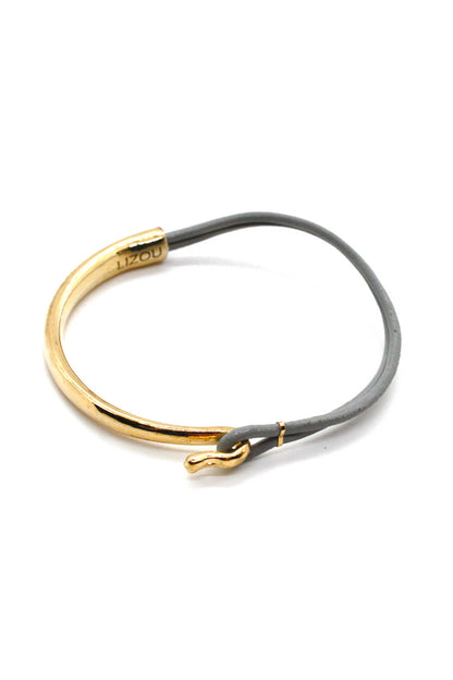 Grey Leather + 24K Gold Plate Bangle Bracelet