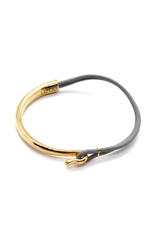 Grey Leather + 24K Gold Plate Bangle Bracelet