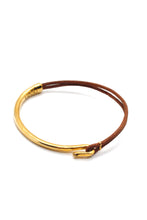 Load image into Gallery viewer, Natural Light Brown Leather + 24K Gold Plate Bangle Bracelet
