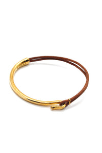 Natural Light Brown Leather + 24K Gold Plate Bangle Bracelet