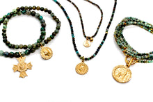 Load image into Gallery viewer, Faceted Long African Turquoise Necklace with Reversible Gold French Religious Charm -French Medals Collection- N6-024
