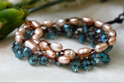 Hand Knotted Convertible Crochet Bracelet, Necklace, or Headband, Freshwater Pearls and Crystals - WR-001