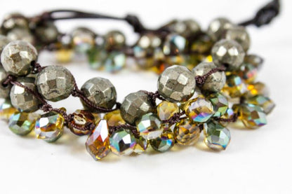 Hand Knotted Convertible Crochet Bracelet, Necklace, or Headband, Crystals and Pyrite - WR-051