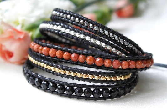 Stone - Copper Brown and Black Stone Mix Leather Wrap Bracelet