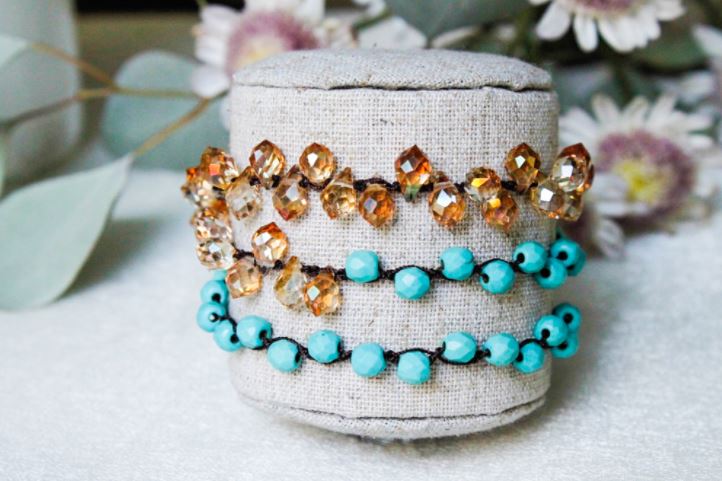 Hand Knotted Convertible Crochet Bracelet, Necklace, or Headband, Turquoise and Crystals - WR-030