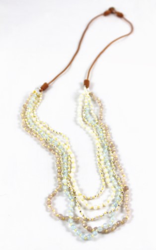 Semi Precious Stone, Crystals and Sterling Plate Nuggets Mix Hand Knotted Long Necklace on Genuine Leather -Layers Collection- N5-025