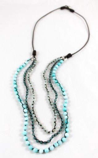 Semi Precious Stone Turquoise Variation Hand Knotted Long Necklace on Genuine Leather -Layers Collection- N5-024