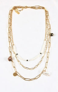 Two Row Layered Necklace with Freshwater Pearl and Stone -French Flair Collection- N2-982