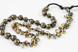Hand Knotted Convertible Crochet Bracelet, Necklace, or Headband, Crystals and Pyrite - WR-051