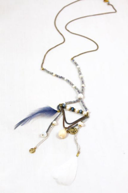 Beautiful Feather and Chain Long Crystal Necklace -The Classics Collection- N2-719