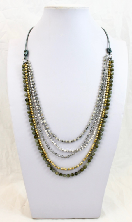 Semi Precious Stone Mix Hand Knotted Long Necklace on Genuine Leather -Layers Collection- NLL-Coin