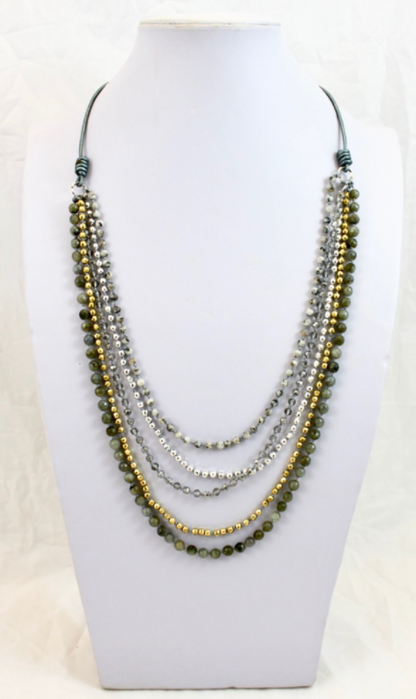 Semi Precious Stone Mix Hand Knotted Long Necklace on Genuine Leather -Layers Collection- NLL-Coin