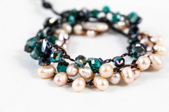 Hand Knotted Convertible Crochet Bracelet, Necklace, or Headband, Freshwater Pearls and Crystals - WR-056