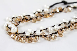 Hand Knotted Convertible Crochet Bracelet, Necklace, or Headband, Crystals and Freshwater Pearls - WR-037