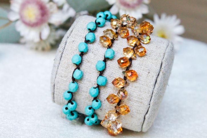 Hand Knotted Convertible Crochet Bracelet, Necklace, or Headband, Turquoise and Crystals - WR-030