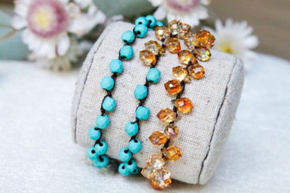 Hand Knotted Convertible Crochet Bracelet, Necklace, or Headband, Turquoise and Crystals - WR-030