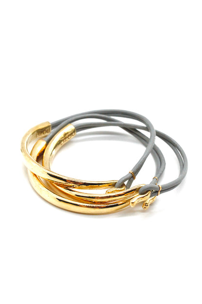 Grey Leather + 24K Gold Plate Bangle Bracelet